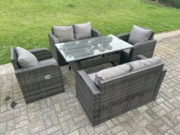 Rackhams 6 Seater Dark Grey PE Wicker Rattan Garden Furniture Set Reclining Chair 2 Seater Love Sofa Set Outdoor Rectangular Dining Table - thumbnail 1