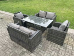 Rackhams 6 Seater Dark Grey PE Wicker Rattan Garden Furniture Set Reclining Chair 2 Seater Love Sofa Set Outdoor Rectangular Dining Table - thumbnail 2
