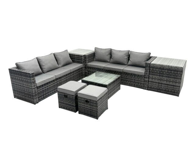 Rackhams Outdoor Rattan Garden Furniture Set 8 Seater Patio Lounge Sofa Set with Square Coffee Table 2 Side Table 2 Small Footstools Dark Grey Mixed - image 1