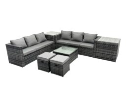 Rackhams Outdoor Rattan Garden Furniture Set 8 Seater Patio Lounge Sofa Set with Square Coffee Table 2 Side Table 2 Small Footstools Dark Grey Mixed - thumbnail 1