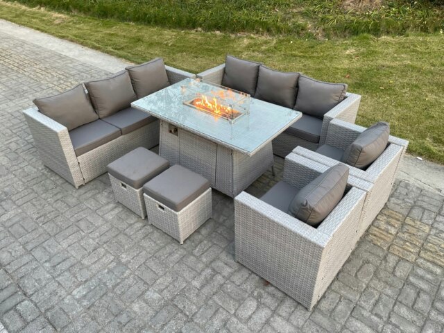 Rackhams Light Grey Rattan Fire Pit Dining Set Garden Furniture Set Gas Heater Burner Lounge Sofa Dining Set Chairs Stools - image 1