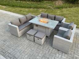 Rackhams Light Grey Rattan Fire Pit Dining Set Garden Furniture Set Gas Heater Burner Lounge Sofa Dining Set Chairs Stools - thumbnail 2