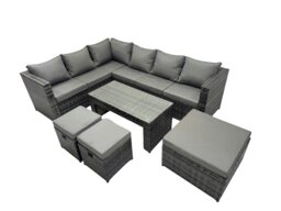 Rackhams 6 Pieces Outdoor PE Rattan Garden Furniture Corner Sofa Set with Cushions 3 Footstools Dark Grey Mixed - thumbnail 1