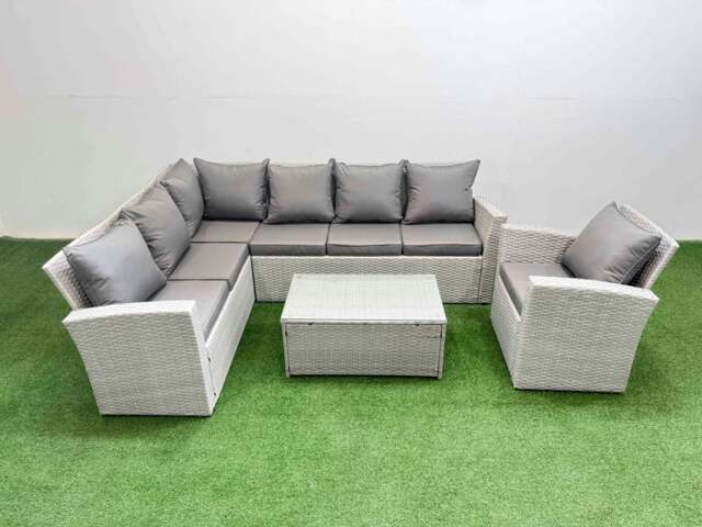 Rackhams 7 Seater Garden Outdoor PE Rattan Furniture Set Rattan Garden Sofa Set with Big Footstool Light Grey Mixed - image 1