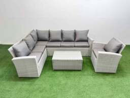 Rackhams 7 Seater Garden Outdoor PE Rattan Furniture Set Rattan Garden Sofa Set with Big Footstool Light Grey Mixed - thumbnail 1