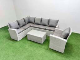 Rackhams 7 Seater Garden Outdoor PE Rattan Furniture Set Rattan Garden Sofa Set with Big Footstool Light Grey Mixed - thumbnail 2
