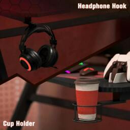 Rackhams Gaming Desk 120 x 65 cm Steel Frame with Cup Holder, Headphone Hook, Adjustable Feet and Cable Organiser, Home Office Computer Table, Black - thumbnail 6