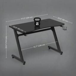 Rackhams Gaming Desk 120 x 65 cm Steel Frame with Cup Holder, Headphone Hook, Adjustable Feet and Cable Organiser, Home Office Computer Table, Black - thumbnail 3
