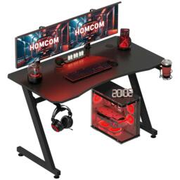 Rackhams Gaming Desk 120 x 65 cm Steel Frame with Cup Holder, Headphone Hook, Adjustable Feet and Cable Organiser, Home Office Computer Table, Black - thumbnail 1
