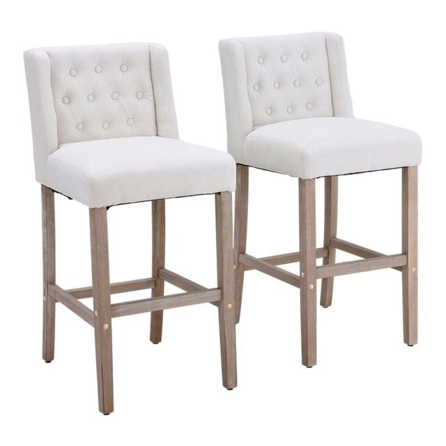 Rackhams Set of 2 Hight Bar Stools Linen Upholstered with Wood Legs - White