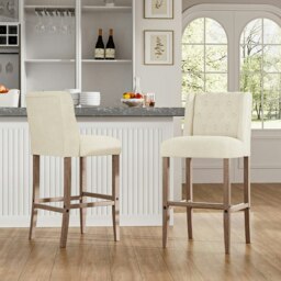 Rackhams Set of 2 Hight Bar Stools Linen Upholstered with Wood Legs - White - thumbnail 4