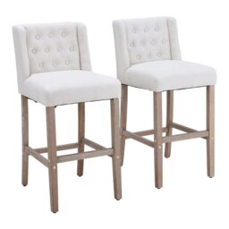 Rackhams Set of 2 Hight Bar Stools Linen Upholstered with Wood Legs - White - thumbnail 1