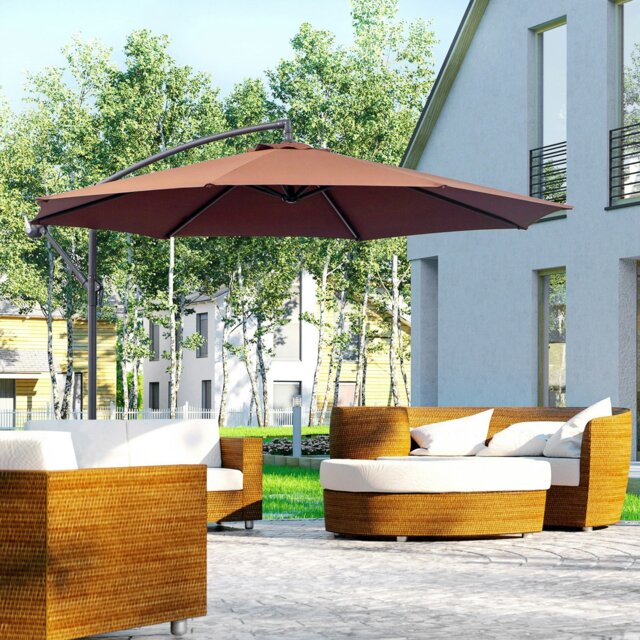 Rackhams 3(m) Garden Banana Parasol Hanging Cantilever Umbrella with Crank Handle and Cross Base for Outdoor, Sun Shade, Green - Coffee - 295cm x 295cm x 255cm - image 1