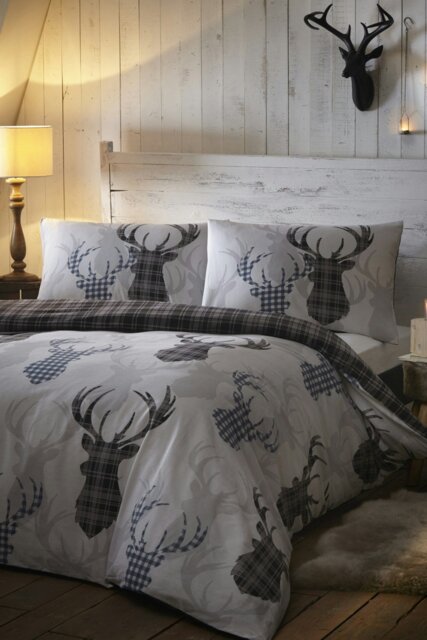 Rackhams Tartan Stag Print Duvet Cover Set - Grey - Single