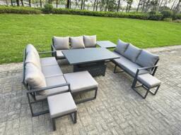 Rackhams 12 Seater Aluminum Outdoor Garden Furniture Set with Adjustable Rising Dining Table, 3 Sofas, 3 Footstools & Side Table - Grey - thumbnail 2
