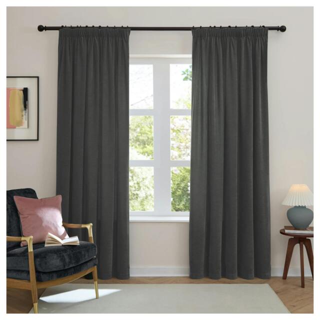 Rackhams Chenille Lined Pencil Pleat Curtains - Charcoal - 183cm x 117cm - Charcoal - 100% Polyester - image 1