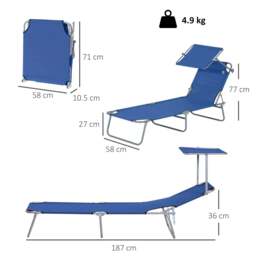 Rackhams Single Sun Lounger, with Awning and Reclining Back - Blue - Blue - thumbnail 3