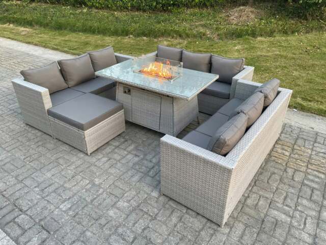 Rackhams Light Grey U Shape Lounge Sofa Dining Set With Gas Fire Pit Rattan Garden Furniture Set Heater Burner Big Footstool - image 1