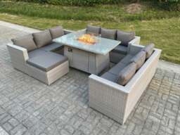 Rackhams Light Grey U Shape Lounge Sofa Dining Set With Gas Fire Pit Rattan Garden Furniture Set Heater Burner Big Footstool - thumbnail 1