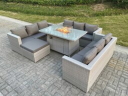 Rackhams Light Grey U Shape Lounge Sofa Dining Set With Gas Fire Pit Rattan Garden Furniture Set Heater Burner Big Footstool - thumbnail 2