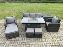 Rackhams Wicker Rattan Garden Furniture Sofa Set Gas Fire Pit Dining Table Indoor Outdoor with Side Table Chair 3 Footstools - thumbnail 1
