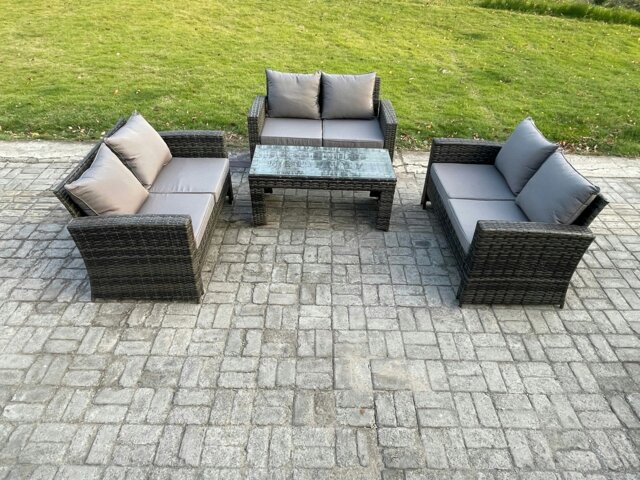 Rackhams 6 Seater Rattan Wicker Garden Furniture Patio Conservatory Sofa Set with Coffee Table Double Seater Sofa - image 1