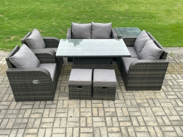 Rackhams Outdoor Rattan Garden Furniture Set Patio Height Adjustable Rising lifting Dining Table Love Sofa With Side Table 2 Footstools - image 1