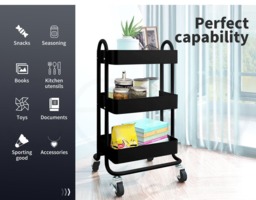 Rackhams 3 Tiers Kitchen Trolley Cart Steel Storage Rack Shelf Organiser Black - thumbnail 3