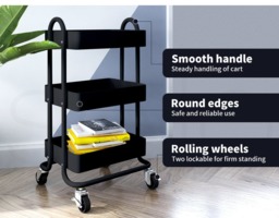 Rackhams 3 Tiers Kitchen Trolley Cart Steel Storage Rack Shelf Organiser Black - thumbnail 4