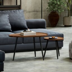 Rackhams 2 80cm Sofa Side Table Set of 2 with Metal Legs, Chestnut Wood Effect - Wood effect, matte black - Not applicable - MDF, metal - thumbnail 1