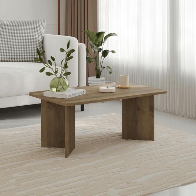 Rackhams Modern Radius Coffee Table 100cm Rectangular Centre Table with 2-Panel Base Leg Particleboard, Living Room - Dark Oak - image 1