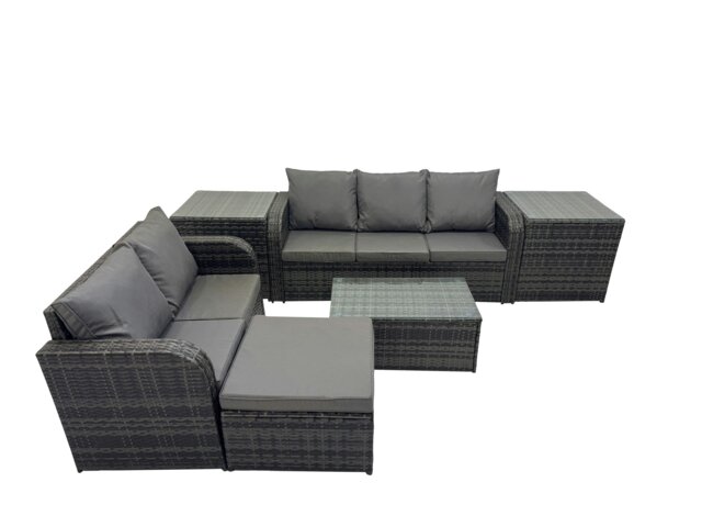 Rackhams Outdoor Love Sofa 3 Seater Sofa Coffee Table Set Garden Rattan Furniture Set 6 Seater with 2 Side Tables Big Stool Dark Grey - image 1