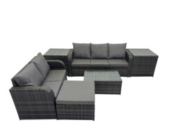 Rackhams Outdoor Love Sofa 3 Seater Sofa Coffee Table Set Garden Rattan Furniture Set 6 Seater with 2 Side Tables Big Stool Dark Grey - thumbnail 1