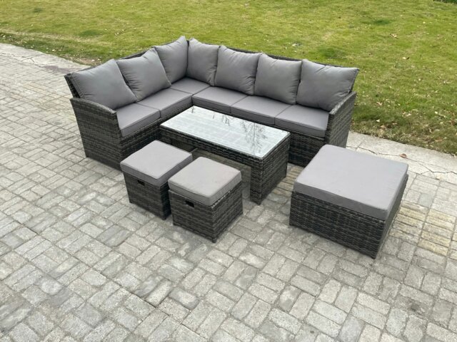 Rackhams 9 Seater Outdoor Rattan Garden Furniture Set Corner Sofa Oblong Coffee Table Sets with Patio 3 Footstools Dark Grey Mixed - image 1