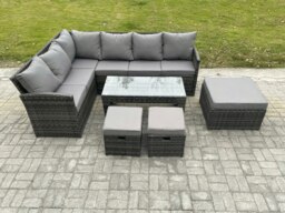 Rackhams 9 Seater Outdoor Rattan Garden Furniture Set Corner Sofa Oblong Coffee Table Sets with Patio 3 Footstools Dark Grey Mixed - thumbnail 2