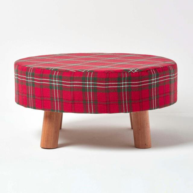 Rackhams Traditional Red, Green and White Tartan Flat Footstool with Legs - image 1