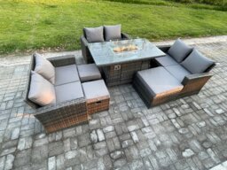 Rackhams High Back Rattan Garden Furniture Sofa Sets with Outdoor Furniture Gas Fire Pit Dining Table Set 3 Footstools Dark Grey Mixed - thumbnail 2