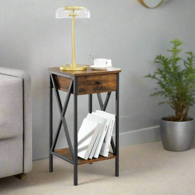 Rackhams Tall Nightstand with Drawer & Shelf – Rustic Brown & Black Industrial Bedside Table - image 1