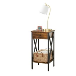 Rackhams Tall Nightstand with Drawer & Shelf – Rustic Brown & Black Industrial Bedside Table - thumbnail 5