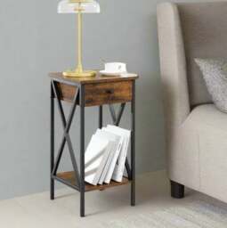 Rackhams Tall Nightstand with Drawer & Shelf – Rustic Brown & Black Industrial Bedside Table - thumbnail 2