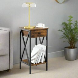 Rackhams Tall Nightstand with Drawer & Shelf – Rustic Brown & Black Industrial Bedside Table