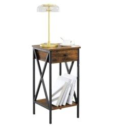 Rackhams Tall Nightstand with Drawer & Shelf – Rustic Brown & Black Industrial Bedside Table - thumbnail 3