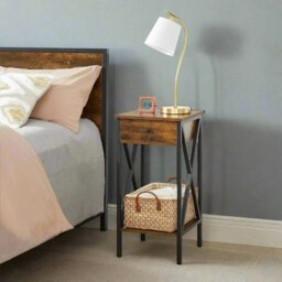 Rackhams Tall Nightstand with Drawer & Shelf – Rustic Brown & Black Industrial Bedside Table - thumbnail 4