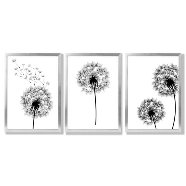 Rackhams DANDELIONS Set of 3 Framed Sketch Wall Art Prints - 30x42cm (A3) - Silver - image 1