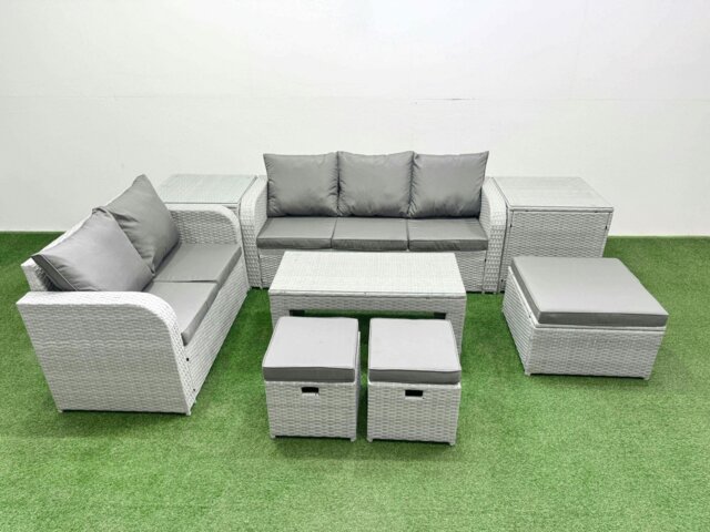 Rackhams 8 Seater PE Rattan Wicker Garden Furniture Patio Conservatory Sofa Set with Oblong Coffee Table 3 Seater Sofa Love Sofa 3 Stool 2 Side Table - image 1