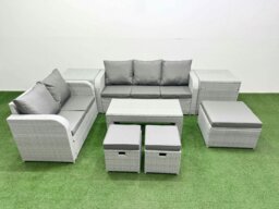 Rackhams 8 Seater PE Rattan Wicker Garden Furniture Patio Conservatory Sofa Set with Oblong Coffee Table 3 Seater Sofa Love Sofa 3 Stool 2 Side Table - thumbnail 1