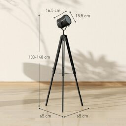 Rackhams Industrial Tripod Floor Lamp Wood Height Adjustable Spotlight, Black - Black - Bulb not included - Pine wood, metal - thumbnail 4