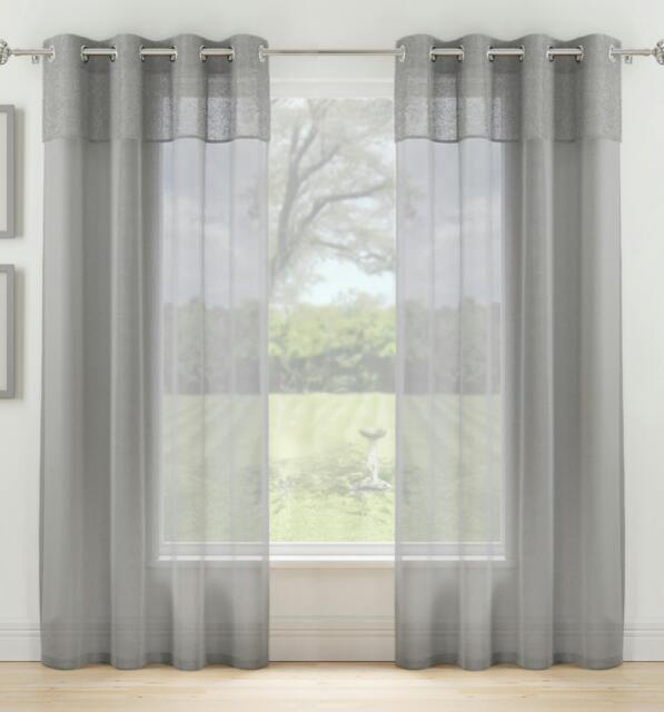 "Rackhams Textured Fabric Header Voile Panels Pair with Eyelet Header - Grey - 55"" (140cm) Width x 54"" (137cm) Drop" - image 1