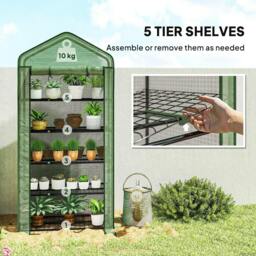 Rackhams 5 Tier Widened Mini Greenhouse with Reinforced PE Cover, Portable Indoor Outdoor Green House with Roll-up Door and Wire Shelves, Green - thumbnail 5