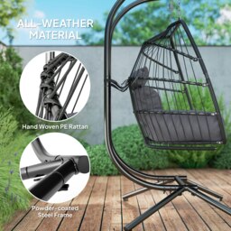 Rackhams Rattan Double Hanging Egg Chair with Stand, Cushion, Dark Grey - thumbnail 5